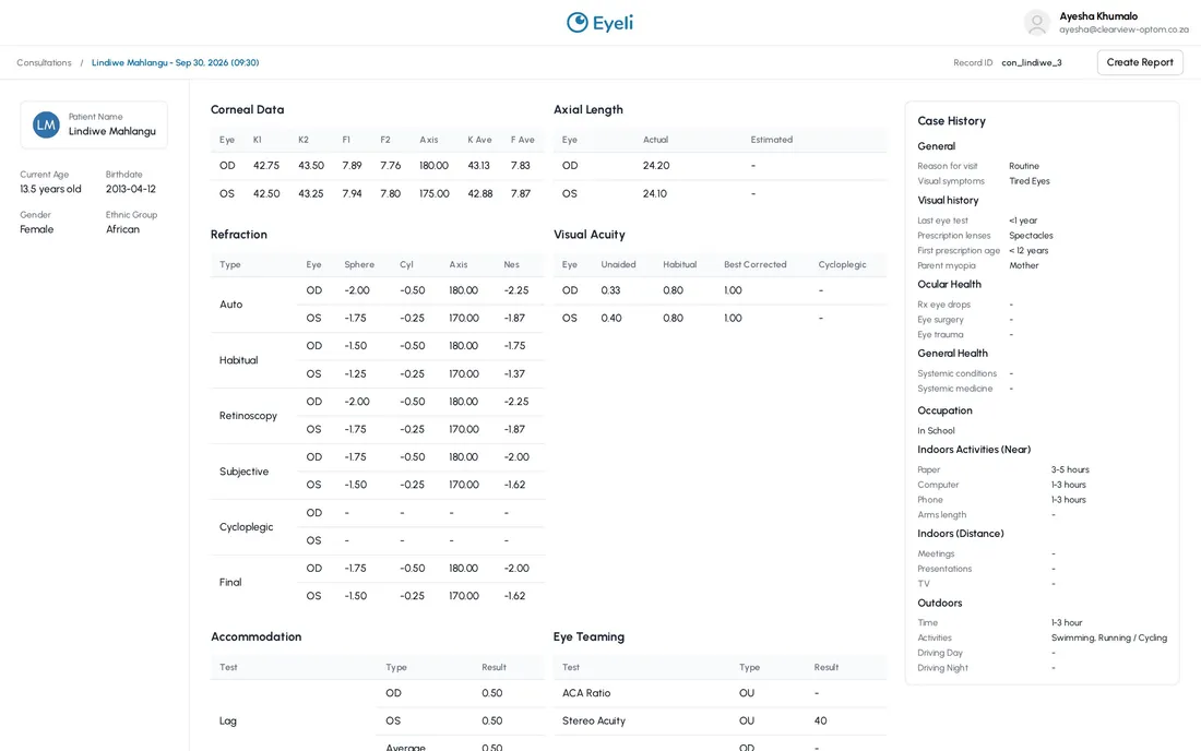 A completed consultation in Eyeli showing corneal data, axial length, refraction, visual acuity and case history on one page