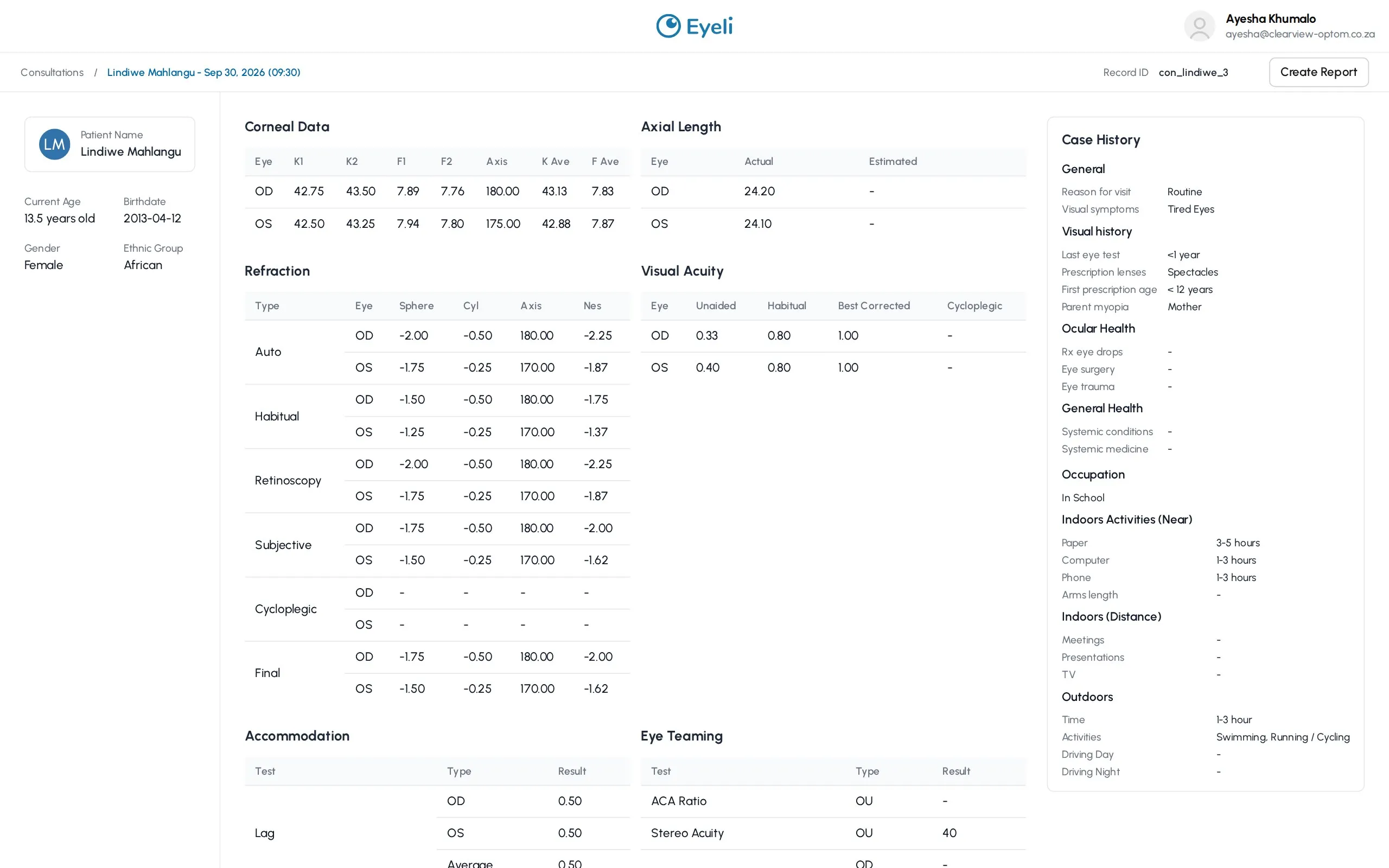 A completed consultation in Eyeli showing corneal data, axial length, refraction, visual acuity and case history on one page