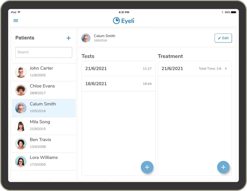 Eyeli patient dashboard showing test and treatment history