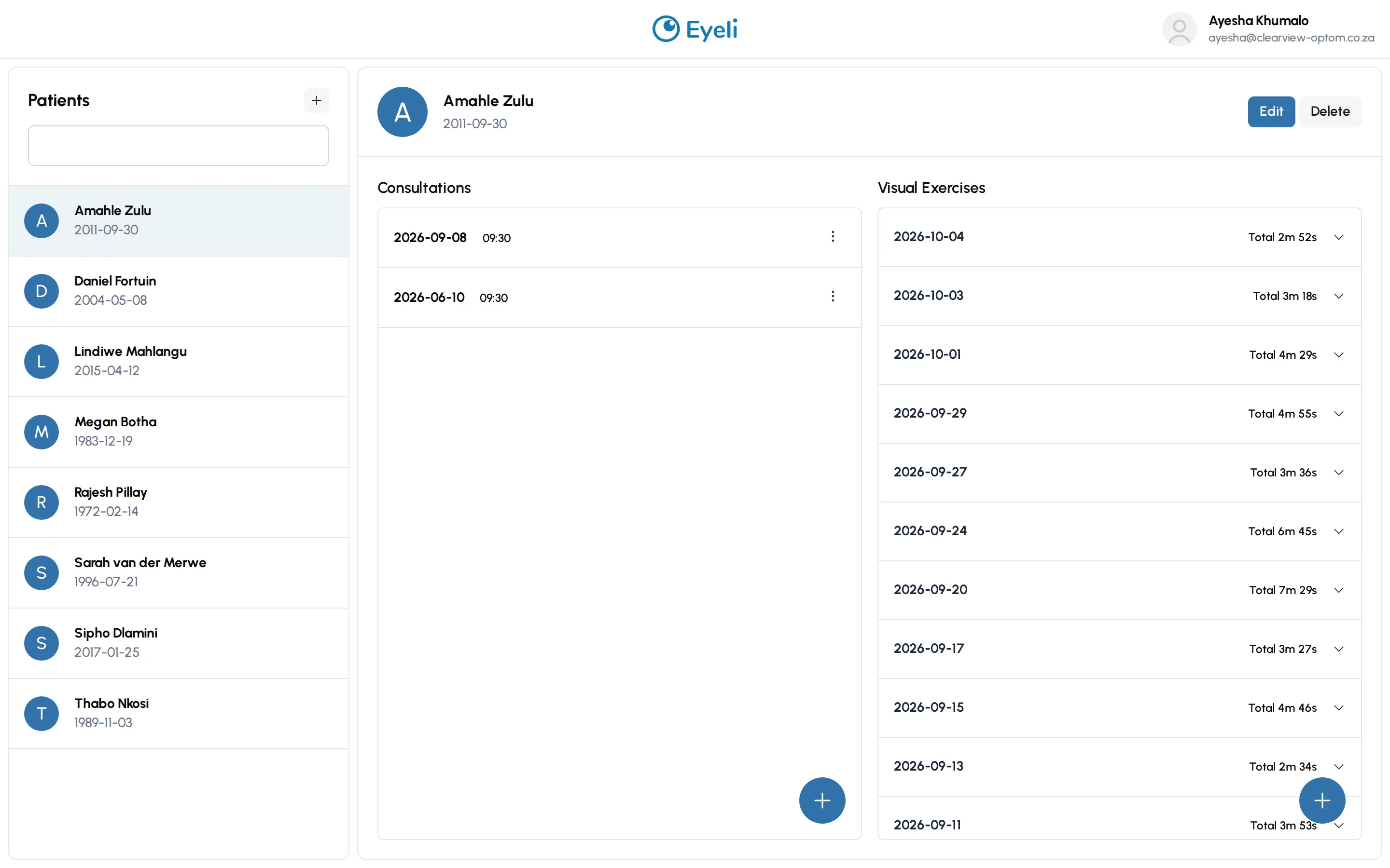 The Eyeli practitioner view: a patient list on the left, and a selected patient's consultations and visual exercises on the right
