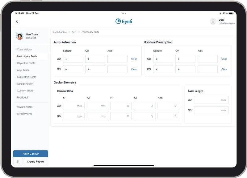 The Eyeli electronic health record on a tablet, showing preliminary test fields for a patient consultation