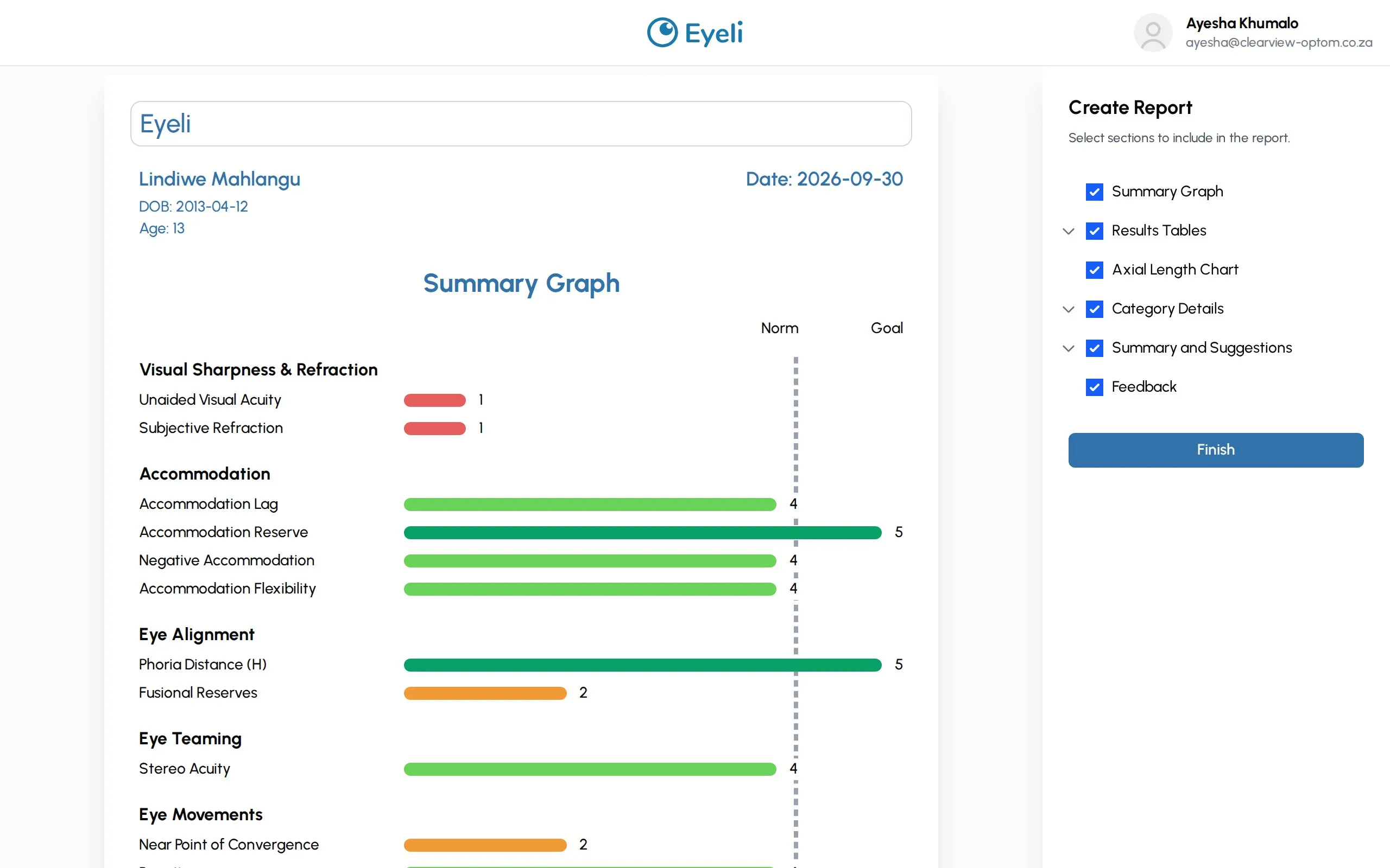 The Create Report screen: the report preview on the left and checkboxes for each section on the right