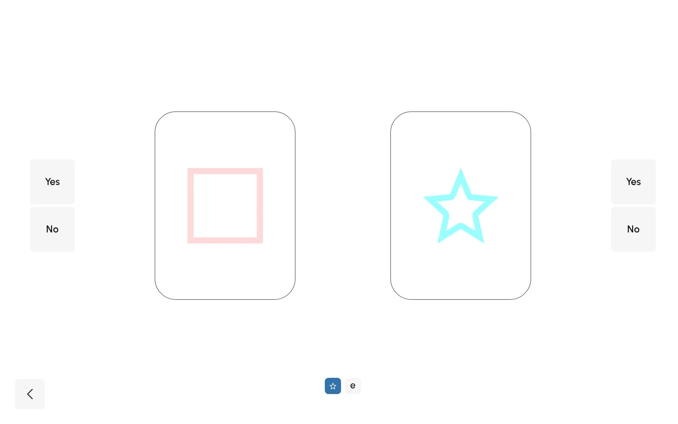The binocular acuity test: a red square and a cyan star side by side, with Yes and No buttons