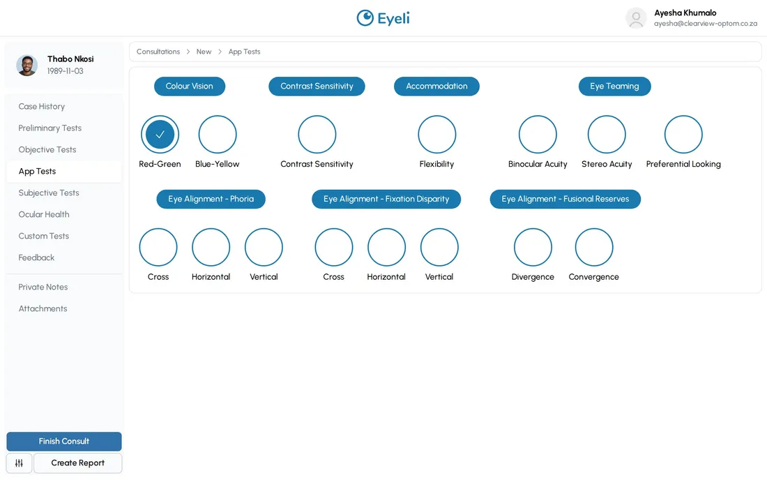 The App Tests section of an Eyeli consultation, grouped into colour vision, contrast sensitivity, accommodation, eye teaming and eye alignment tests
