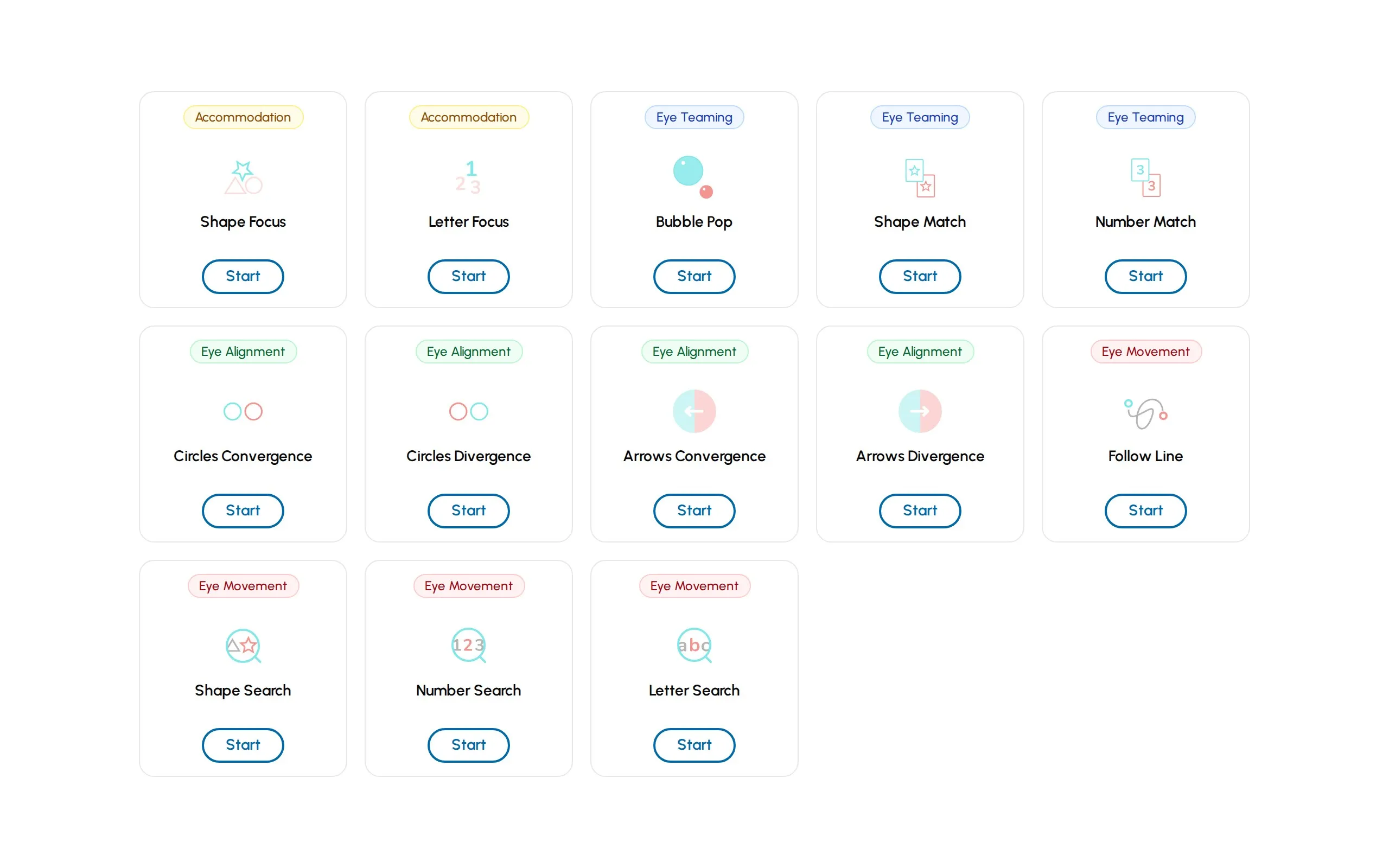 Thirteen exercise cards, each labelled with the skill it trains and a Start button