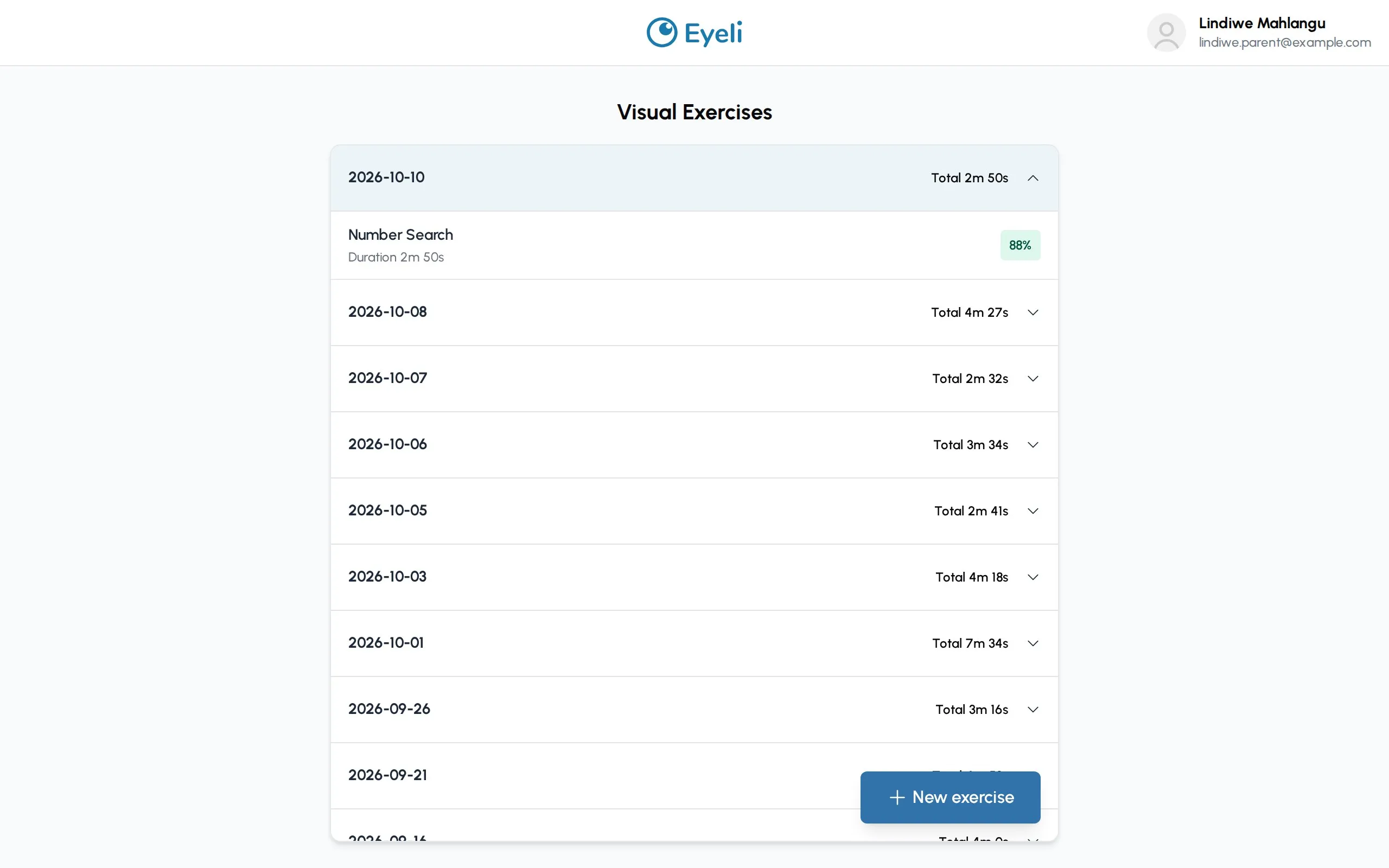 The patient's own Visual Exercises page listing sessions by date, with time spent and a score